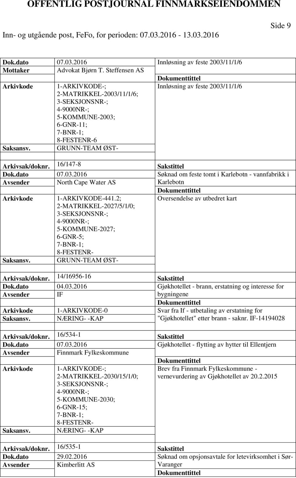 2; Oversendelse av utbedret kart 2-MATRIKKEL-2027/5/1/0; 5-KOMMUNE-2027; 6-GNR-5; 8-FESTENR- GRUNN-TEAM ØST- Arkivsak/doknr. 14/16956-16 Sakstittel Dok.dato 04.03.