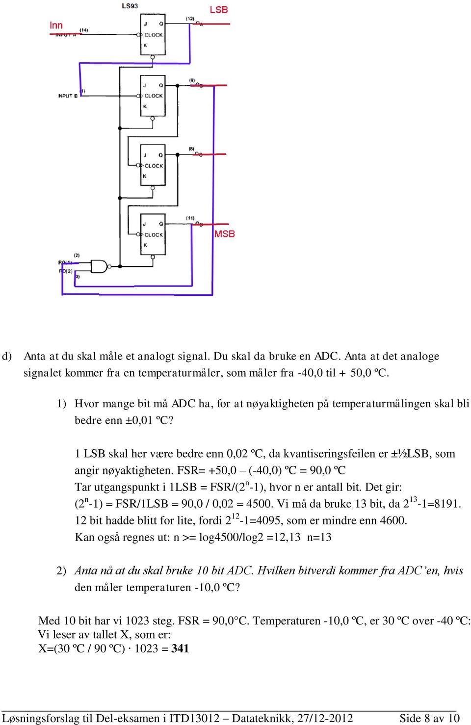 FSR= +50,0 (-40,0) ºC = 90,0 ºC Tar utgangspunkt i 1LSB = FSR/(2 n -1), hvor n er antall bit. Det gir: (2 n -1) = FSR/1LSB = 90,0 / 0,02 = 4500. Vi må da bruke 13 bit, da 2 13-1=8191.