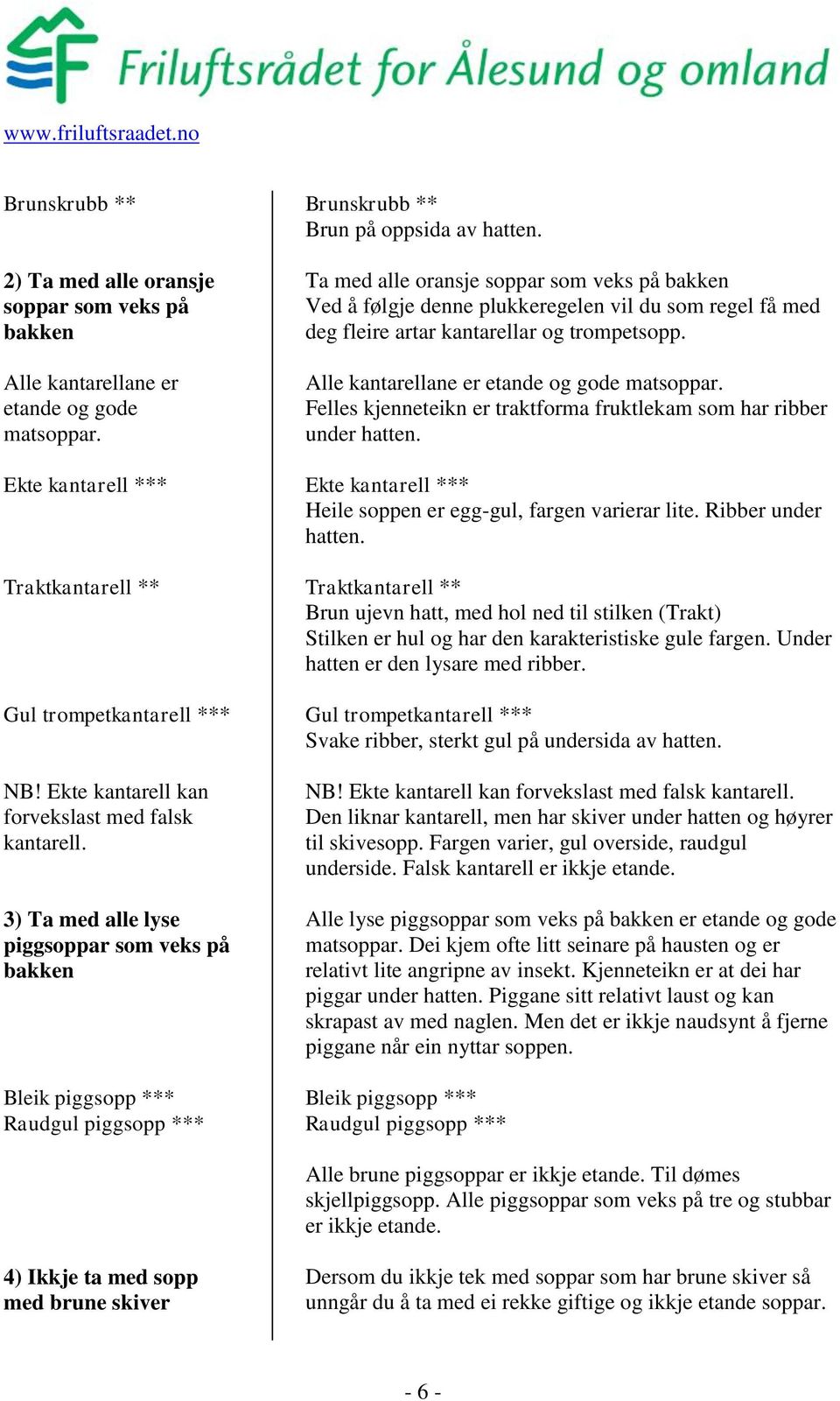 Ta med alle oransje soppar som veks på bakken Ved å følgje denne plukkeregelen vil du som regel få med deg fleire artar kantarellar og trompetsopp. Alle kantarellane er etande og gode matsoppar.