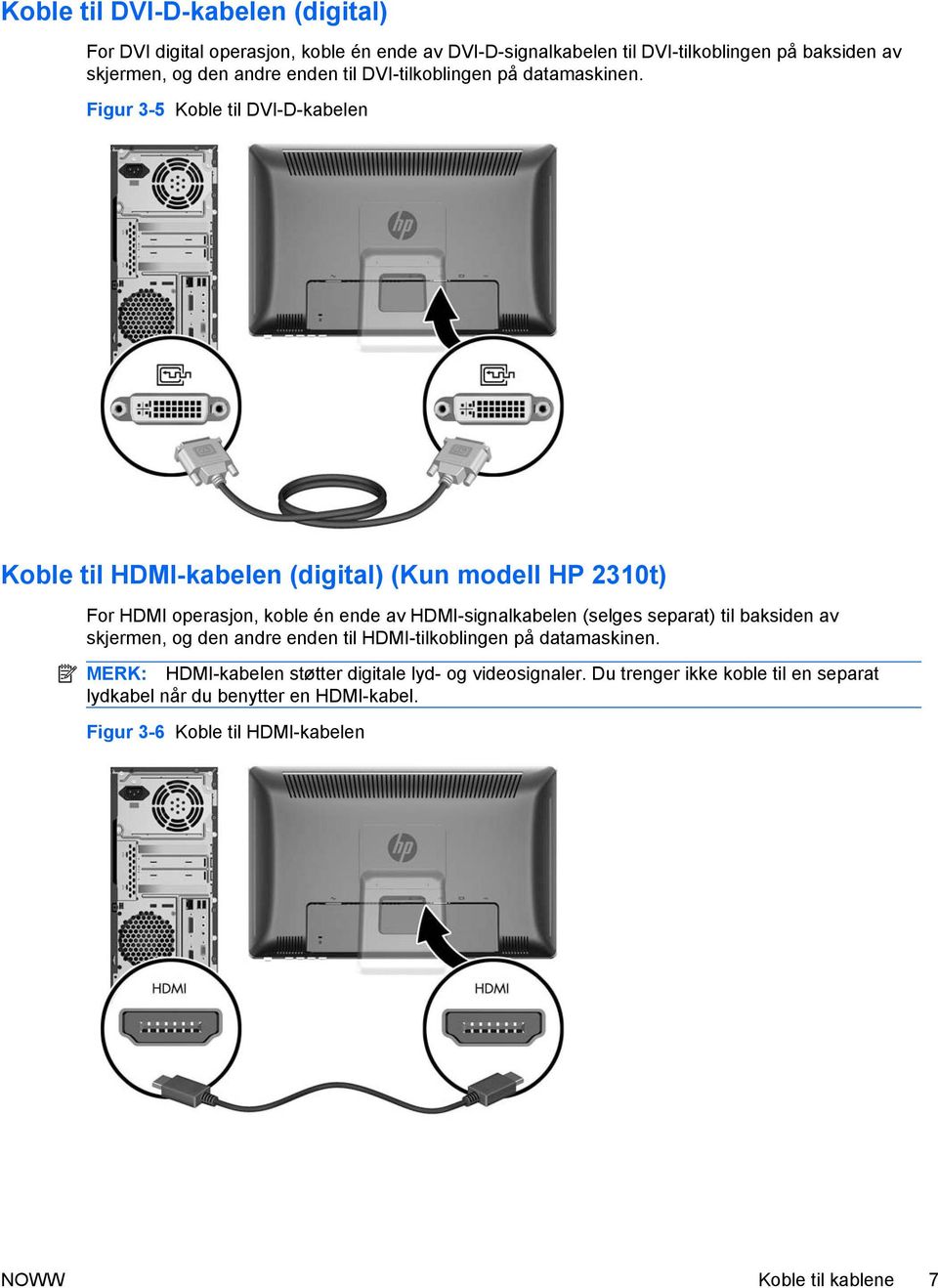 Figur 3-5 Koble til DVI-D-kabelen Koble til HDMI-kabelen (digital) (Kun modell HP 2310t) For HDMI operasjon, koble én ende av HDMI-signalkabelen (selges