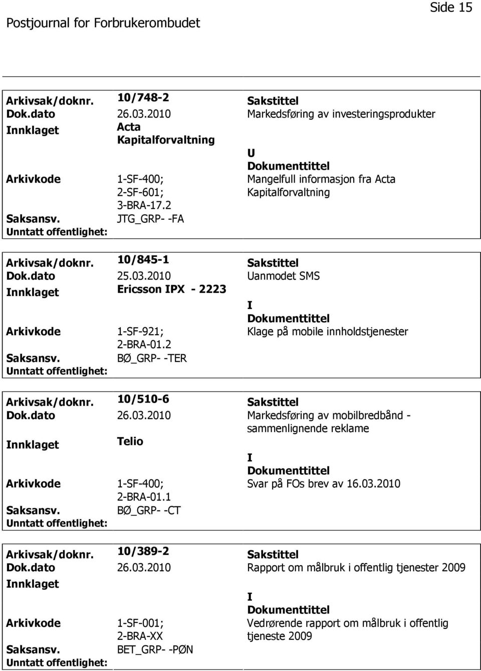 2 Klage på mobile innholdstjenester BØ_GRP- -TER Arkivsak/doknr. 10/510-6 Sakstittel Dok.dato 26.03.2010 Markedsføring av mobilbredbånd - sammenlignende reklame nnklaget Telio 1-SF-400; 2-BRA-01.