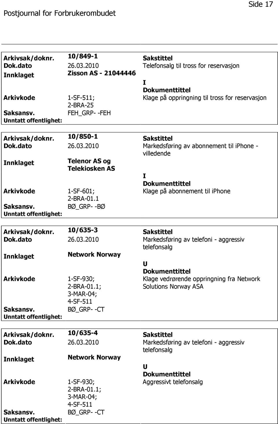 2010 Markedsføring av abonnement til iphone - villedende nnklaget Telenor AS og Telekiosken AS 1-SF-601; 2-BRA-01.1 Klage på abonnement til iphone BØ_GRP- -BØ Arkivsak/doknr. 10/635-3 Sakstittel Dok.