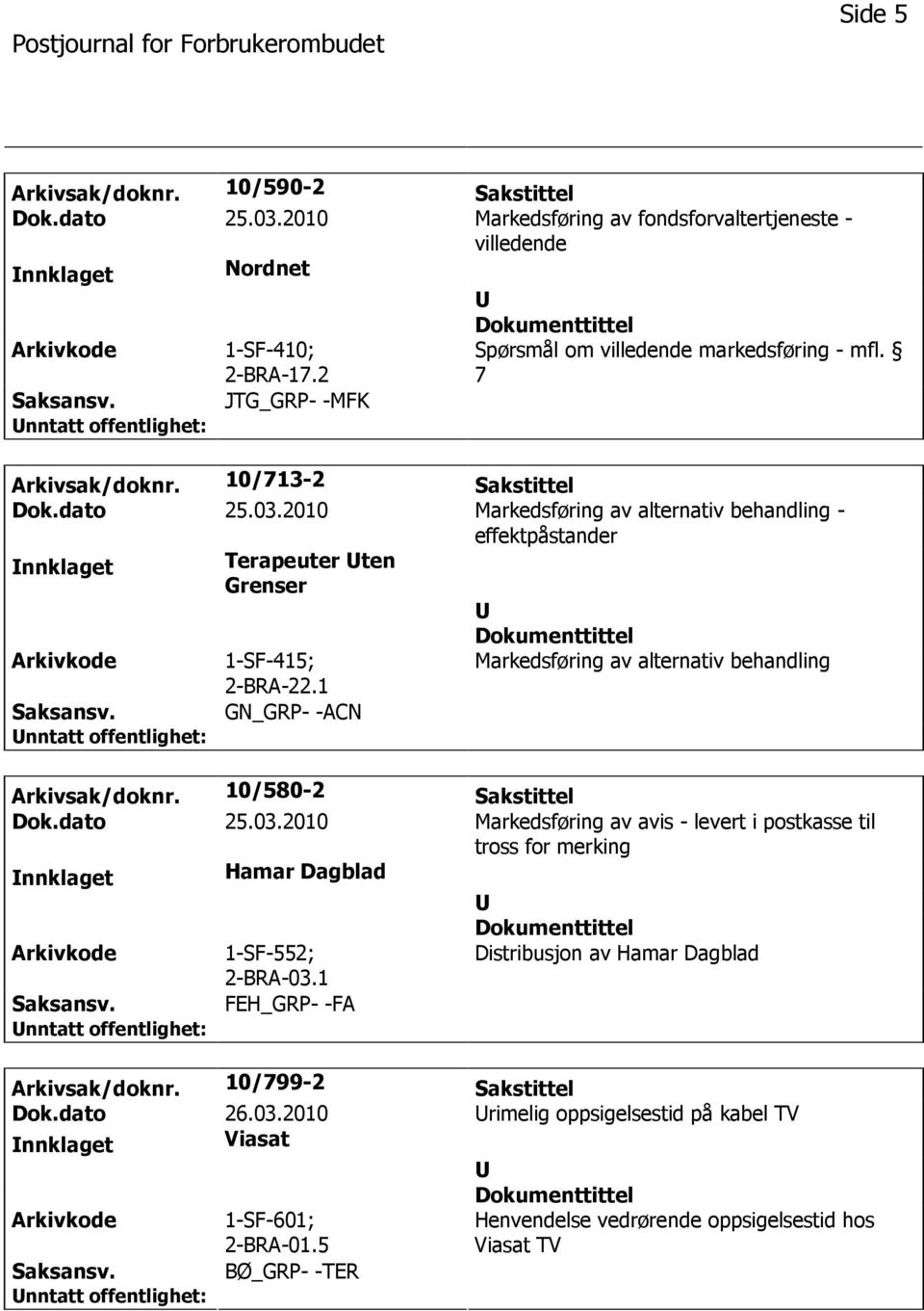 2010 Markedsføring av alternativ behandling - effektpåstander nnklaget Terapeuter ten Grenser 1-SF-415; 2-BRA-22.1 Markedsføring av alternativ behandling GN_GRP- -ACN Arkivsak/doknr.