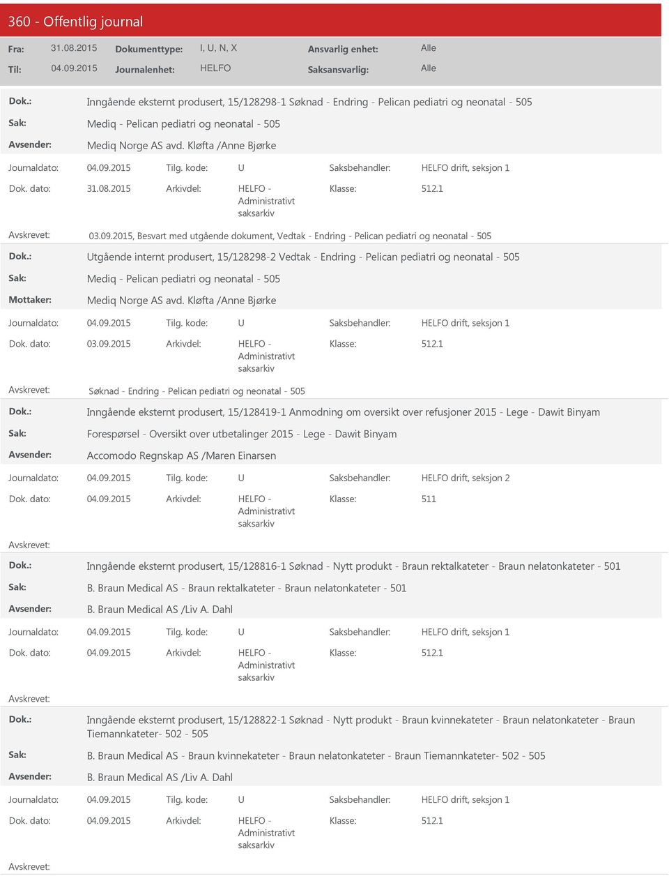 2015, Besvart med utgående dokument, Vedtak - Endring - Pelican pediatri og neonatal - 505 tgående internt produsert, 15/128298-2 Vedtak - Endring - Pelican pediatri og neonatal - 505 Mediq - Pelican