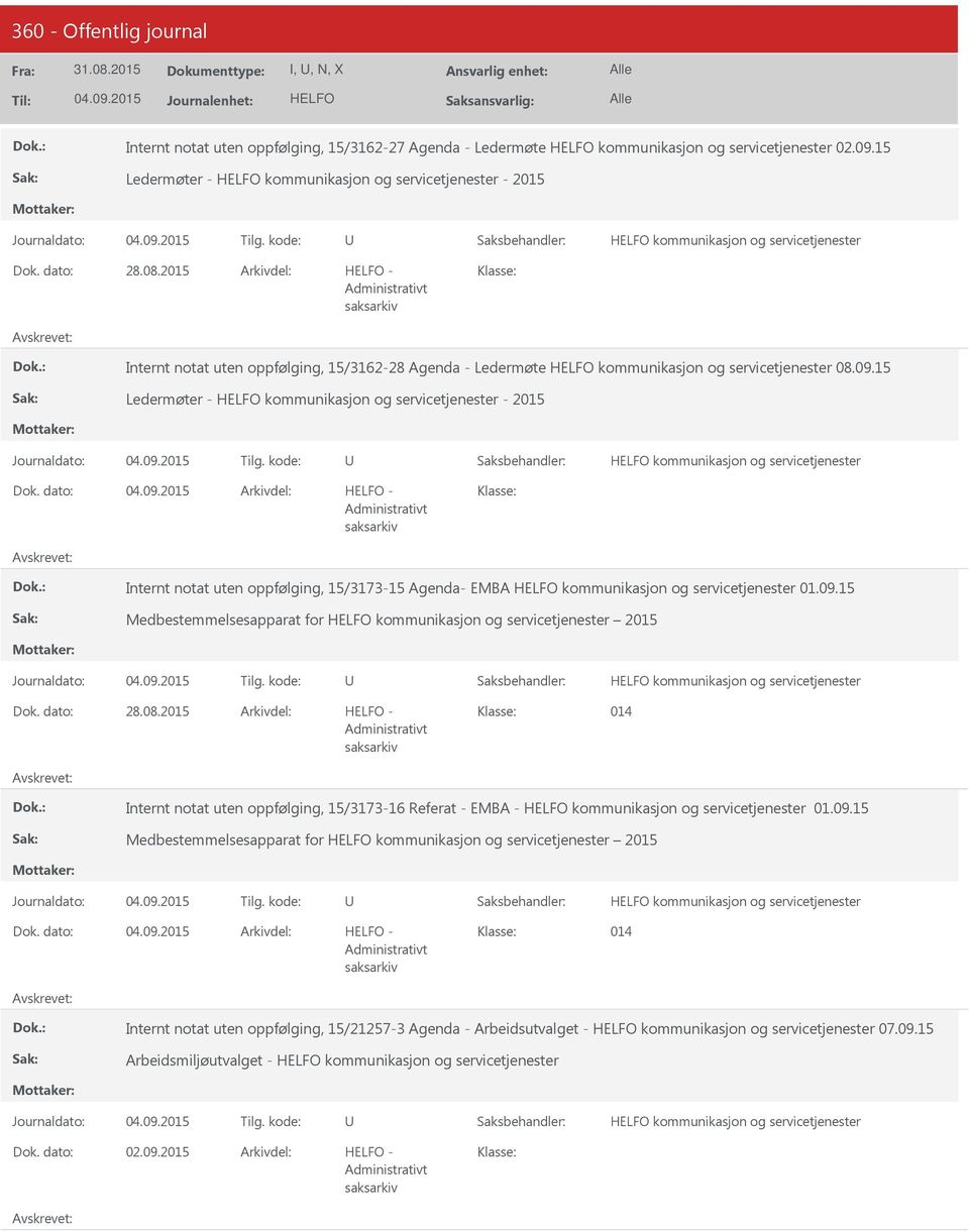 2015 - Internt notat uten oppfølging, 15/3162-28 Agenda - Ledermøte kommunikasjon og servicetjenester 08.09.