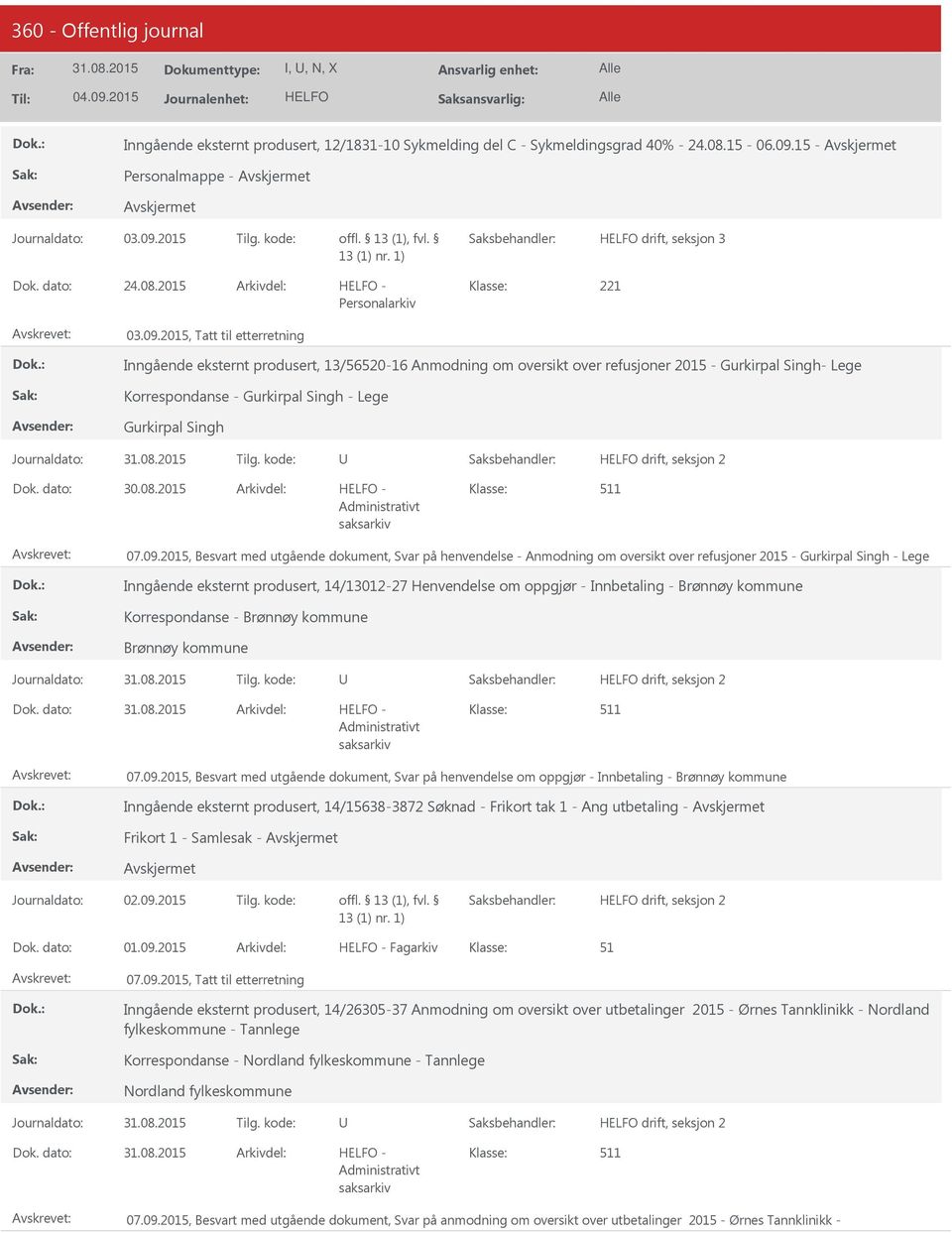 2015, Tatt til etterretning Inngående eksternt produsert, 13/56520-16 Anmodning om oversikt over refusjoner 2015 - Gurkirpal Singh- Lege Korrespondanse - Gurkirpal Singh - Lege Gurkirpal Singh