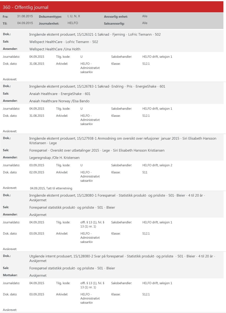 produsert, 15/127938-1 Anmodning om oversikt over refusjoner januar 2015 - Siri Elisabeth Hansson Kristiansen - Lege Forespørsel - Oversikt over utbetalinger 2015 - Lege - Siri Elisabeth Hansson