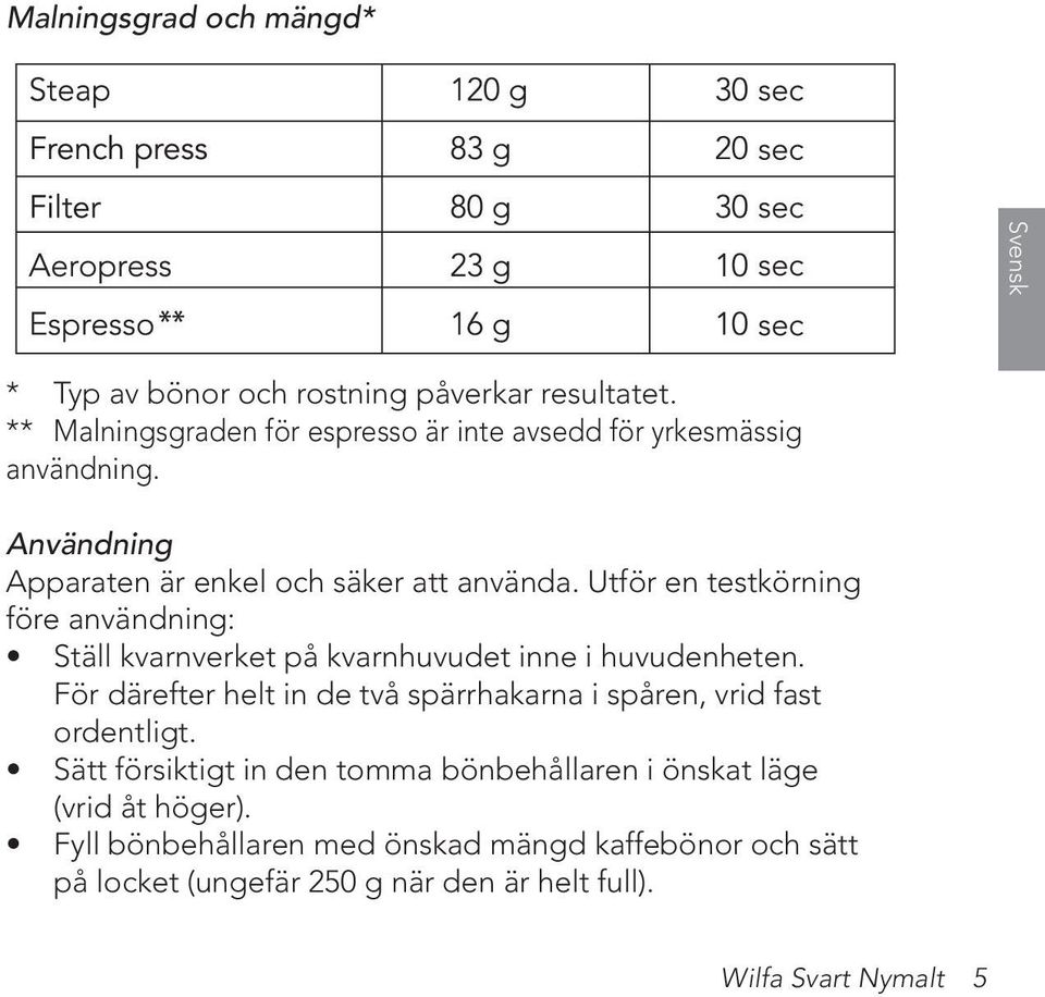 Utför en testkörning före användning: Ställ kvarnverket på kvarnhuvudet inne i huvudenheten.