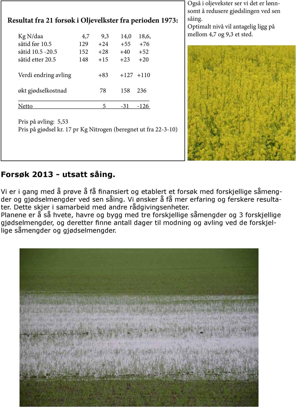 Verdi endring avling +83 +127 +110 økt gjødselkostnad 78 158 236 Netto 5-31 -126 Pris på avling: 5,53 Pris på gjødsel kr. 17 pr Kg Nitrogen (beregnet ut fra 22-3-10) Forsøk 2013 - utsatt såing.