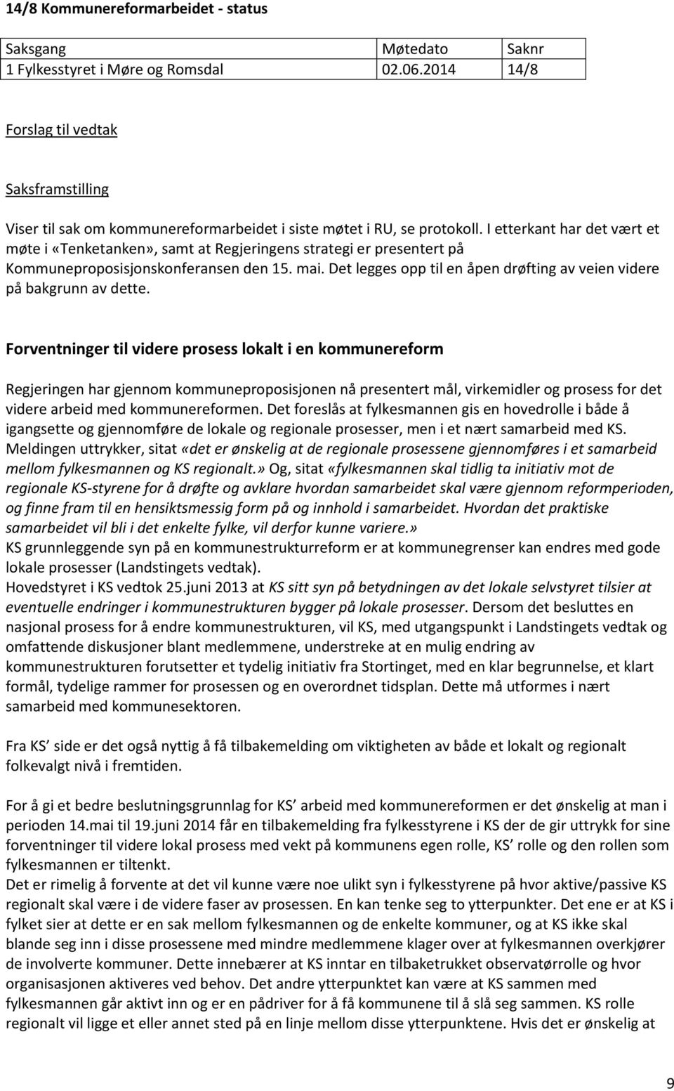 I etterkant har det vært et møte i «Tenketanken», samt at Regjeringens strategi er presentert på Kommuneproposisjonskonferansen den 15. mai.