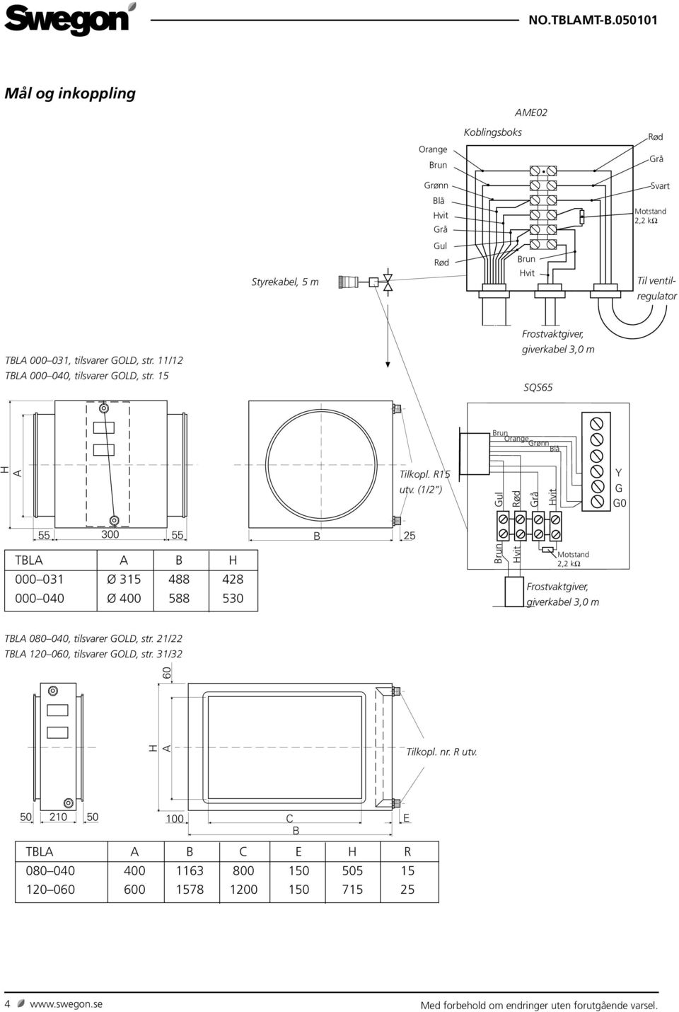 (1/2 ) Gul Y G G0 55 300 55 B 25 TBLA A B H 000 031 Ø 315 488 428 000 040 Ø 400 588 530 Motstnd 2,2 kω Frostvktgiver, giverkbel 3,0 m TBLA 080 040, tilsvrer GOLD, str.