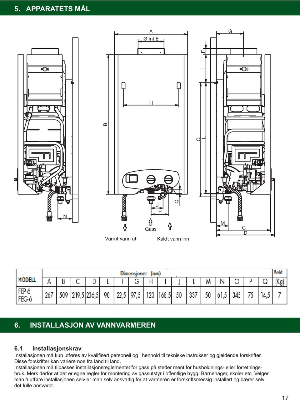 Disse forskrifter kan variere noe fra land til land. Installasjonen må tilpasses installasjonsreglementet for gass på steder ment for husholdnings- eller forretningsbruk.