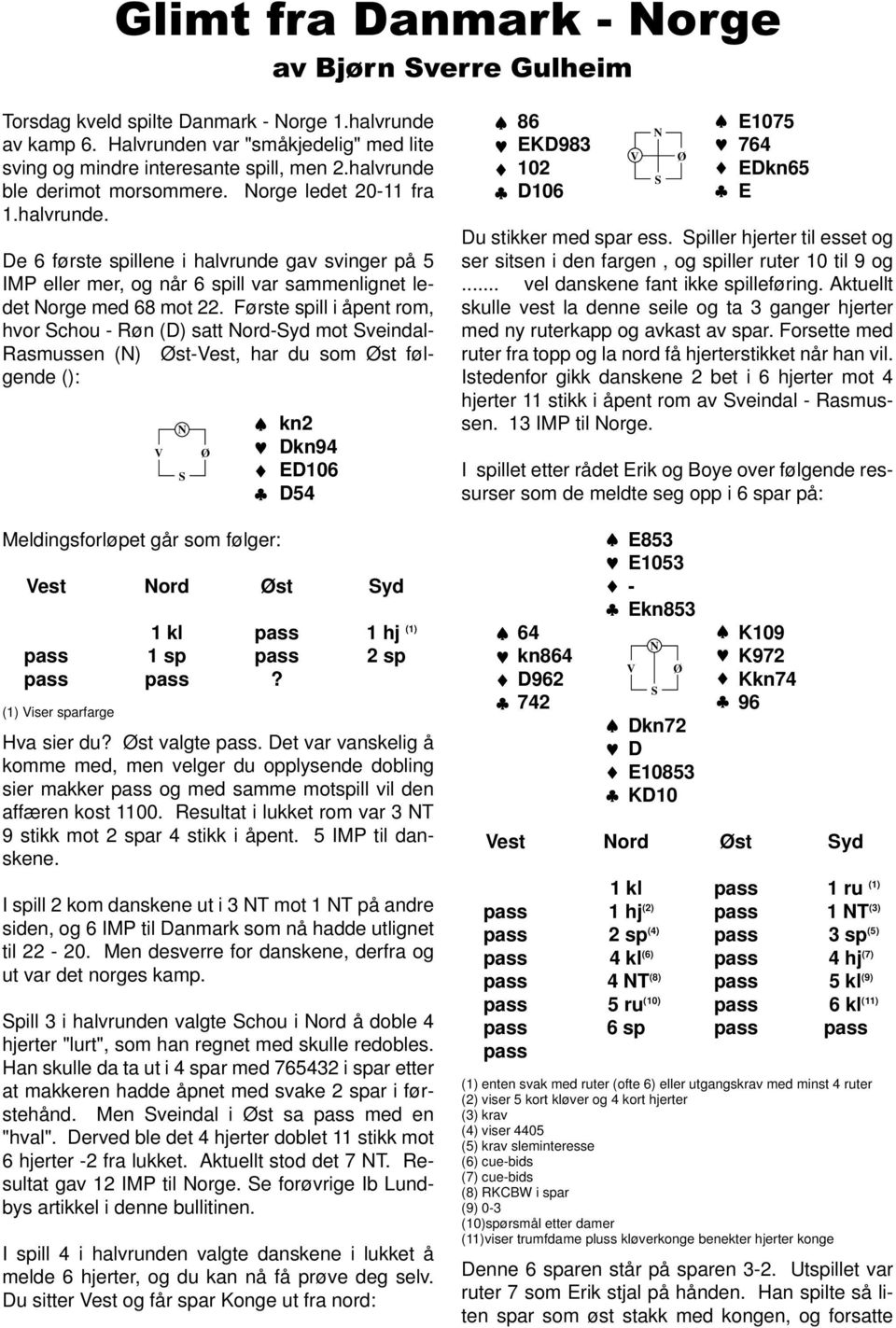 Første spill i åpent rom, hvor chou Røn (D) satt ordyd mot veindal Rasmussen () ØstVest, har du som Øst følgende (): Meldingsforløpet går som følger: kn2 Dkn94 ED106 D54 Vest ord Øst yd 1 kl pass 1