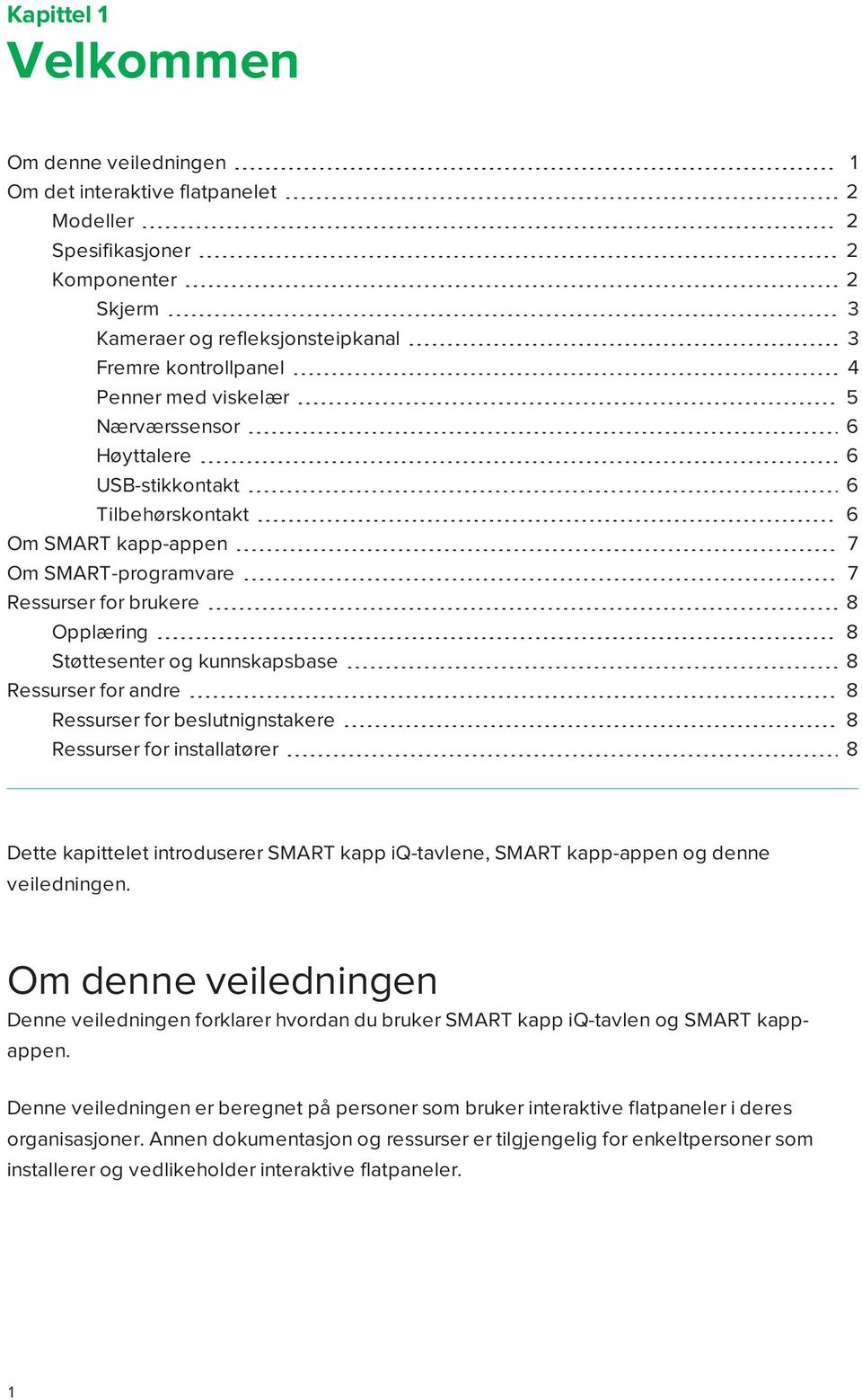 for andre 8 Ressurser for beslutnignstakere 8 Ressurser for installatører 8 Dette kapittelet introduserer SMART kapp iq-tavlene, SMART kapp-appen og denne veiledningen.