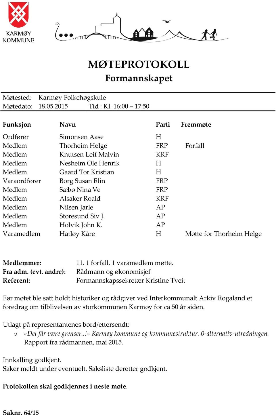 Borg Susan Elin FRP Medlem Sæbø Nina Ve FRP Medlem Alsaker Roald KRF Medlem Nilsen Jarle AP Medlem Storesund Siv J. AP Medlem Holvik John K.