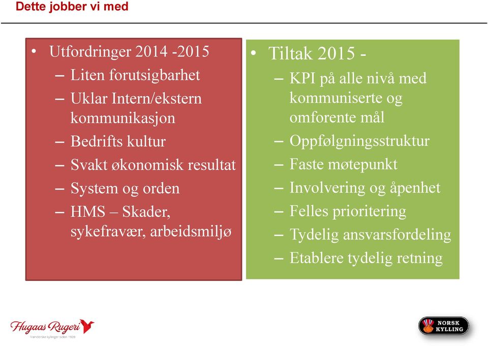 arbeidsmiljø Tiltak 2015 - KPI på alle nivå med kommuniserte og omforente mål