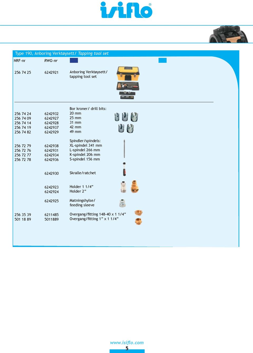 6242936 Bor kroner/ drill bits: 20 mm 25 mm 31 mm 42 mm 49 mm Spindler/spindels: XL-spindel 341 mm L-spindel 266 mm K-spindel 206 mm S-spindel 156 mm 6242930