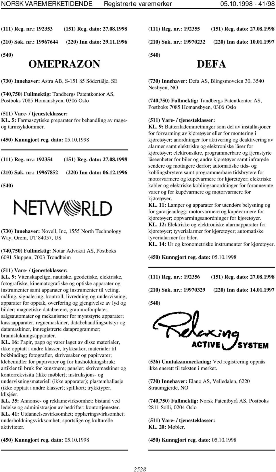 5: Farmasøytiske preparater for behandling av mageog tarmsykdommer. (111) Reg. nr.: 192354 (151) Reg. dato: 27.08.1998 (210) Søk. nr.: 19967852 (220) Inn dato: 06.12.