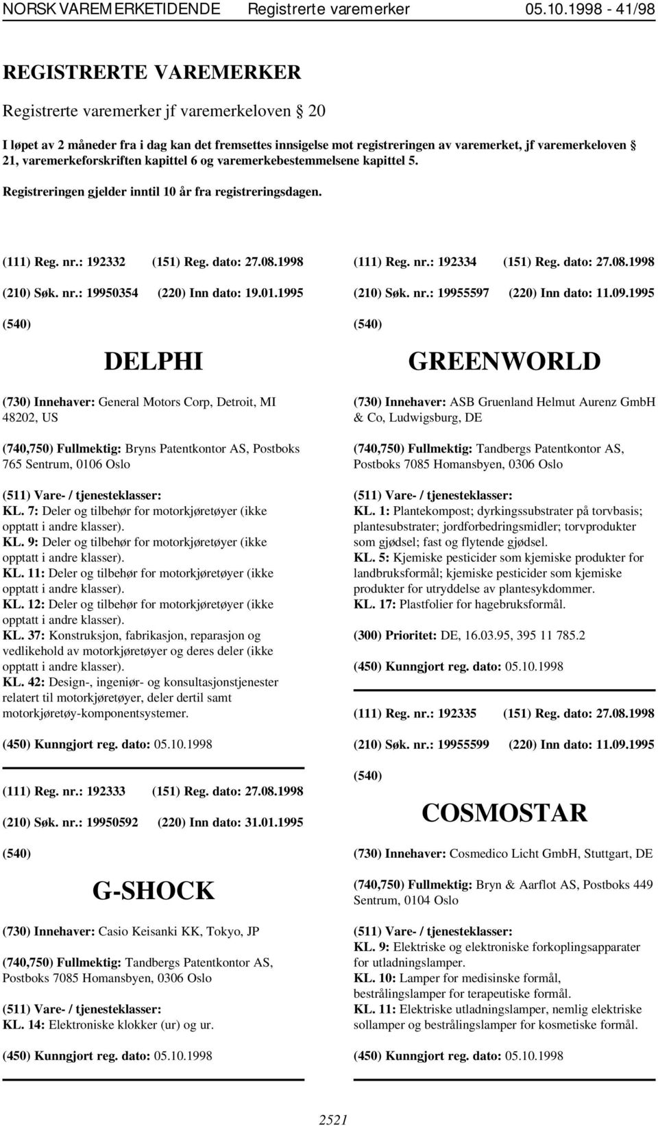 01.1995 (111) Reg. nr.: 192334 (151) Reg. dato: 27.08.1998 (210) Søk. nr.: 19955597 (220) Inn dato: 11.09.1995 DELPHI GREENWORLD (730) Innehaver: General Motors Corp, Detroit, MI 48202, US KL.