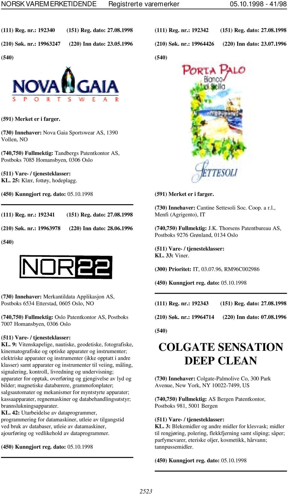 25: Klær, fottøy, hodeplagg. (111) Reg. nr.: 192341 (151) Reg. dato: 27.08.1998 (210) Søk. nr.: 19963978 (220) Inn dato: 28.06.1996 (591) Merket er i farger. (730) Innehaver: Cantine Settesoli Soc.