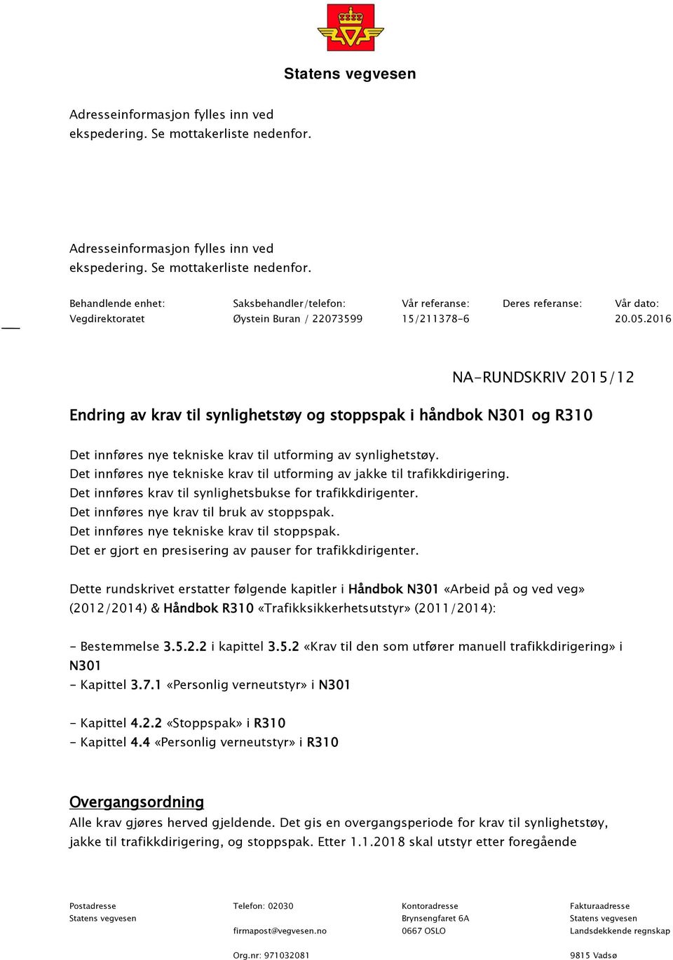 Behandlende enhet: Saksbehandler/telefon: Vår referanse: Deres referanse: Vår dato: Vegdirektoratet Øystein Buran / 22073599 15/211378-6 20.05.