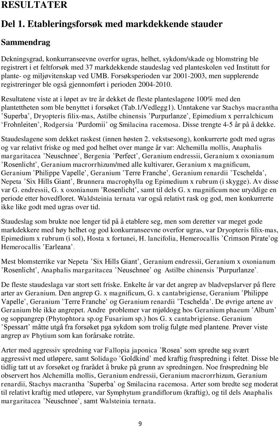 planteskolen ved Institutt for plante- og miljøvitenskap ved UMB. Forsøksperioden var 2001-2003, men supplerende registreringer ble også gjennomført i perioden 2004-2010.