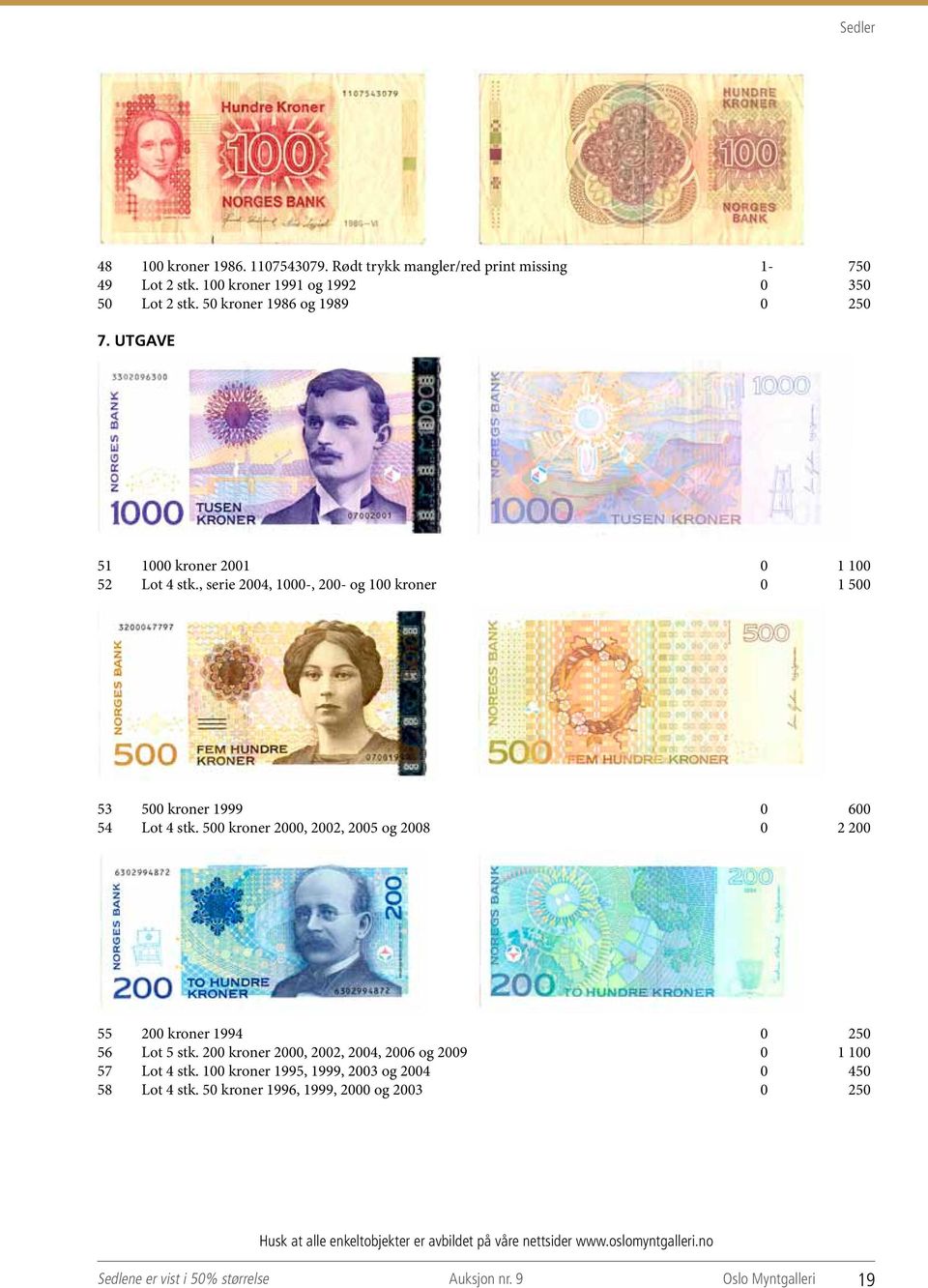 , serie 2004, 1000-, 200- og 100 kroner 0 1 500 53 500 kroner 1999 0 600 54 Lot 4 stk.