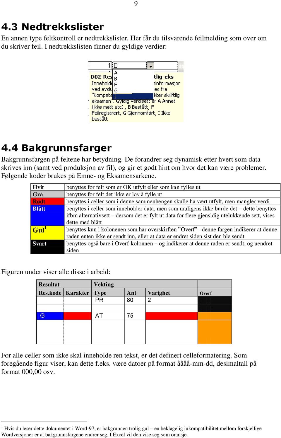 Følgende koder brukes på Emne- og Eksamensarkene.