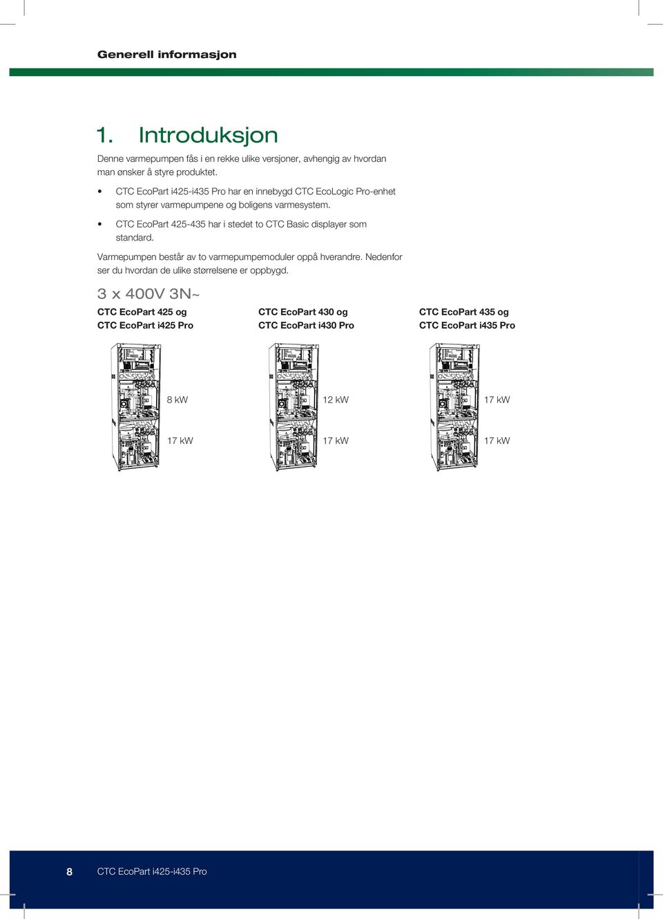 CTC EcoPart 425-435 har i stedet to CTC Basic displayer som standard. Varmepumpen består av to varmepumpemoduler oppå hverandre.