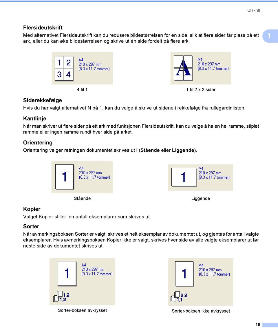 Kantlinje 1 Når man skriver ut flere sider på ett ark med funksjonen Flersideutskrift, kan du velge å ha en hel ramme, stiplet ramme eller ingen ramme rundt hver side på arket.