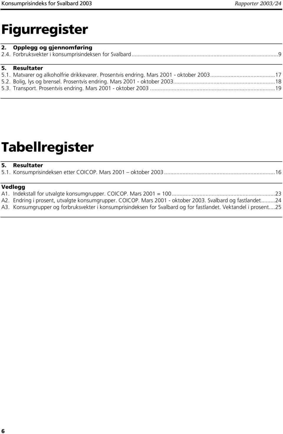 Resultater 5.1. Konsumprisindeksen etter COICOP. Mars 2001 oktober 2003...16 Vedlegg A1. Indekstall for utvalgte konsumgrupper. COICOP. Mars 2001 = 100...23 A2.