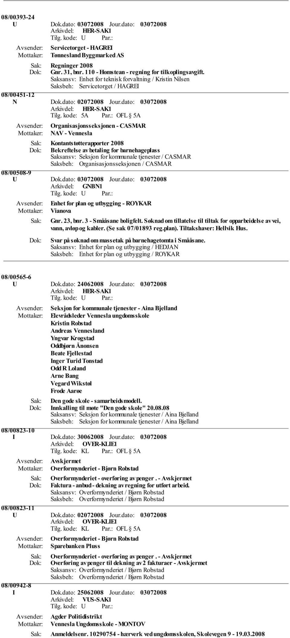 dato: Organisasjonsseksjonen - CASMAR NAV - Vennesla Kontantstøtterapporter 2008 Bekreftelse av betaling for barnehageplass Saksansv: Seksjon for kommunale tjenester / CASMAR 08/00508-9 U Dok.