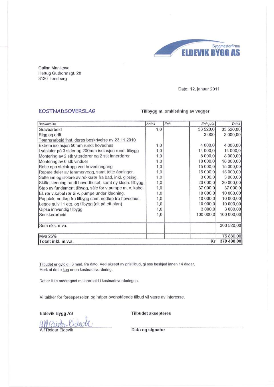 2010 Extrern isolasjon 50mm rundt hovedhus 1,0 4 000,0 it 000,00 Lydplater på 3 sider og 200mm isolasjon rundt tilbygg 1,0 14 000,0 14 000,0 Montering av 2 stk ytterdører og 2 stk innerdører 1,0 8