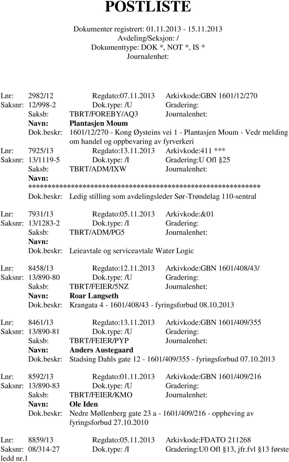 type: /I Gradering:U Ofl 25 Saksb: TBRT/ADM/IXW Dok.beskr: Ledig stilling som avdelingsleder Sør-Trøndelag 110-sentral Lnr: 7931/13 Regdato:05.11.2013 Arkivkode:&01 Saksnr: 13/1283-2 Dok.