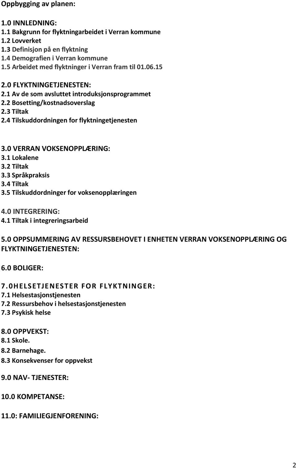 4 Tilskuddordningen for flyktningetjenesten 3.0 VERRAN VOKSENOPPLÆRING: 3.1 Lokalene 3.2 Tiltak 3.3 Språkpraksis 3.4 Tiltak 3.5 Tilskuddordninger for voksenopplæringen 4.0 INTEGRERING: 4.