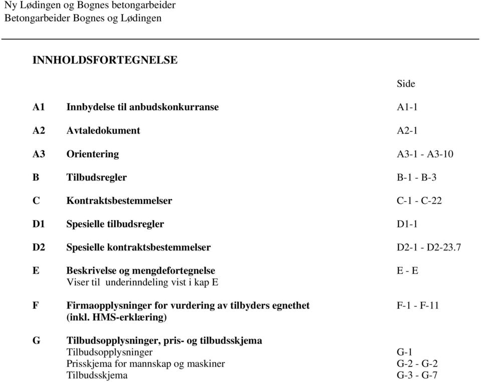 7 E Beskrivelse og mengdefortegnelse E - E Viser til underinndeling vist i kap E F Firmaopplysninger for vurdering av tilbyders egnethet F-1 - F-11