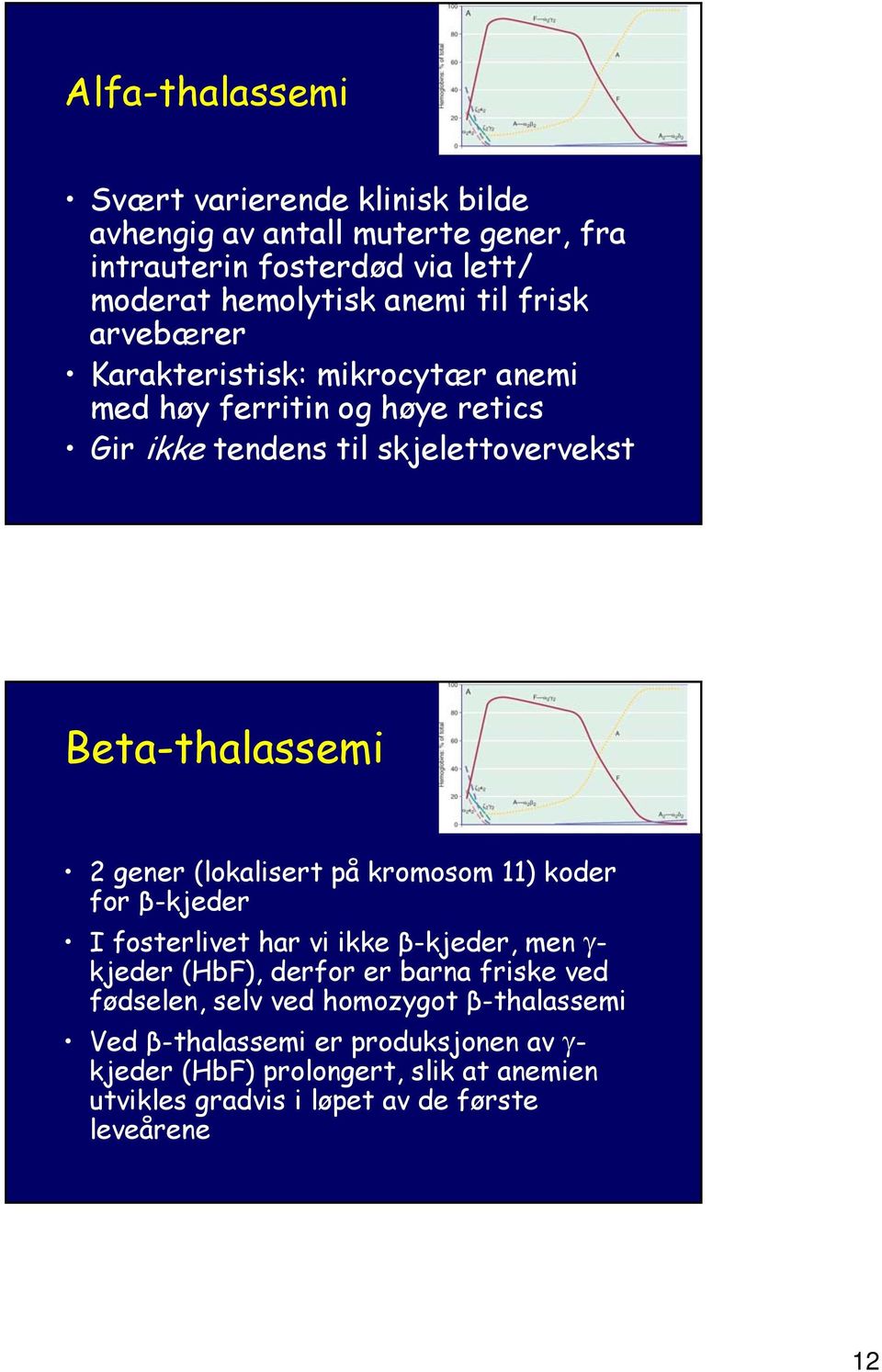 (lokalisert på kromosom 11) koder for β-kjeder I fosterlivet har vi ikke β-kjeder, men - kjeder (HbF), derfor er barna friske ved fødselen, selv