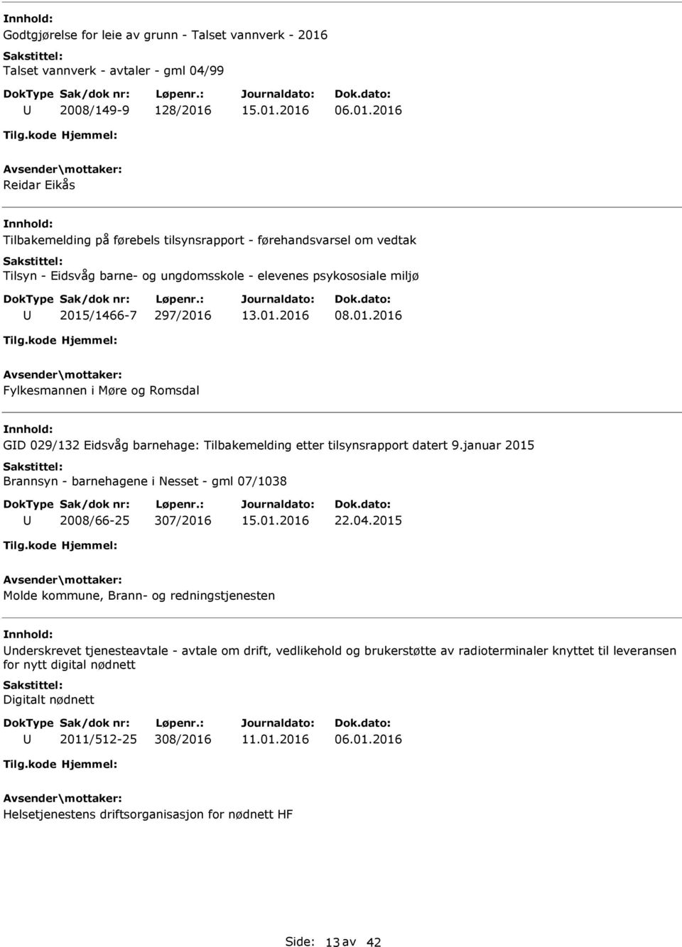 06.01.2016 Reidar Eikås Tilbakemelding på førebels tilsynsrapport - førehandsvarsel om vedtak Tilsyn - Eidsvåg barne- og ungdomsskole - elevenes psykososiale miljø 2015/1466-7 297/2016 08.01.2016 Fylkesmannen i Møre og Romsdal GD 029/132 Eidsvåg barnehage: Tilbakemelding etter tilsynsrapport datert 9.