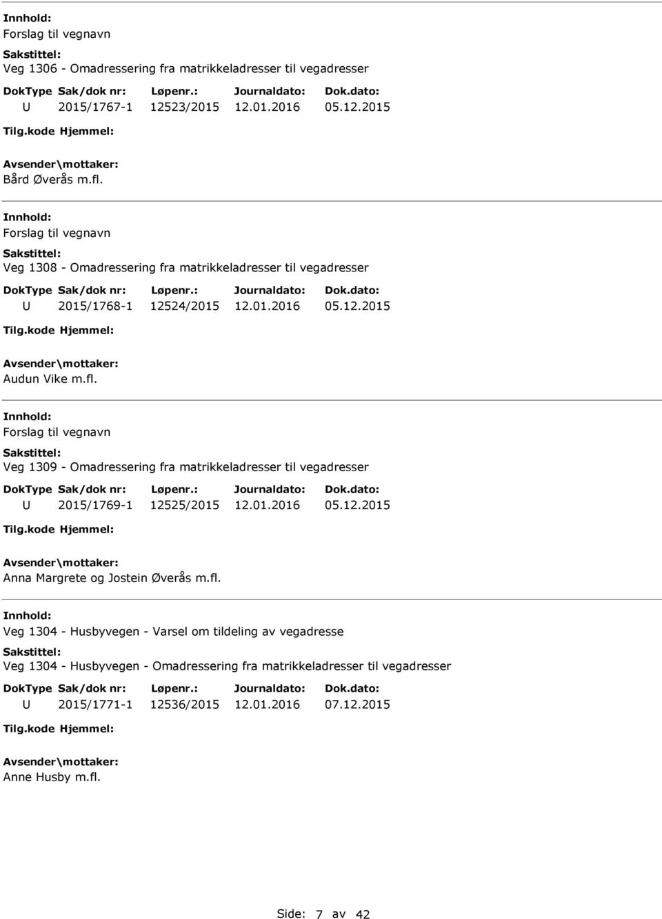 Forslag til vegnavn Veg 1309 - Omadressering fra matrikkeladresser til vegadresser 2015/1769-1 12525/2015 05.12.2015 Anna Margrete og Jostein Øverås m.fl.