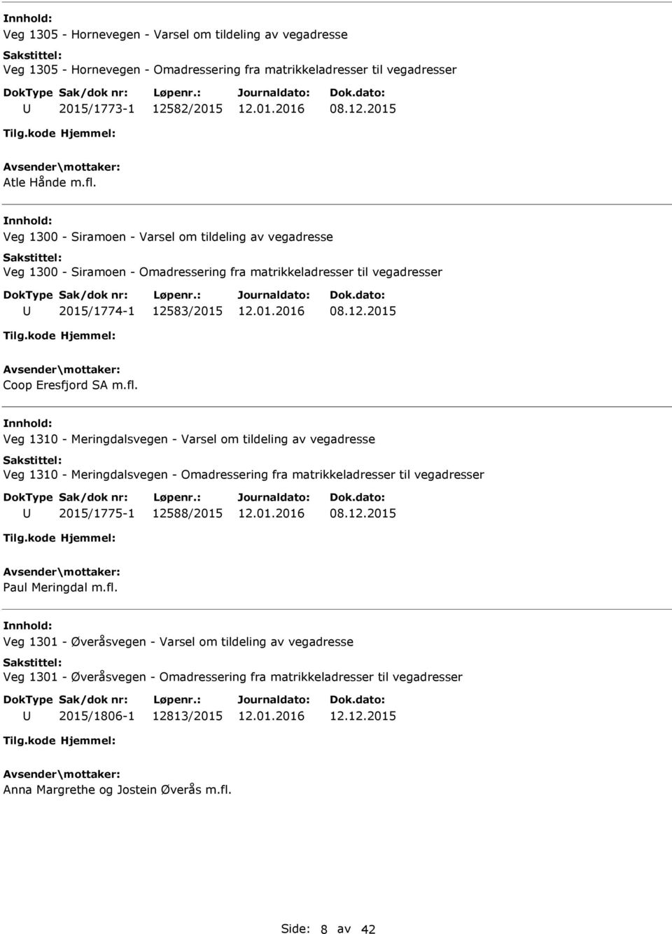 Veg 1310 - Meringdalsvegen - Varsel om tildeling av vegadresse Veg 1310 - Meringdalsvegen - Omadressering fra matrikkeladresser til vegadresser 2015/1775-1 12588/2015 08.12.2015 Paul Meringdal m.fl.