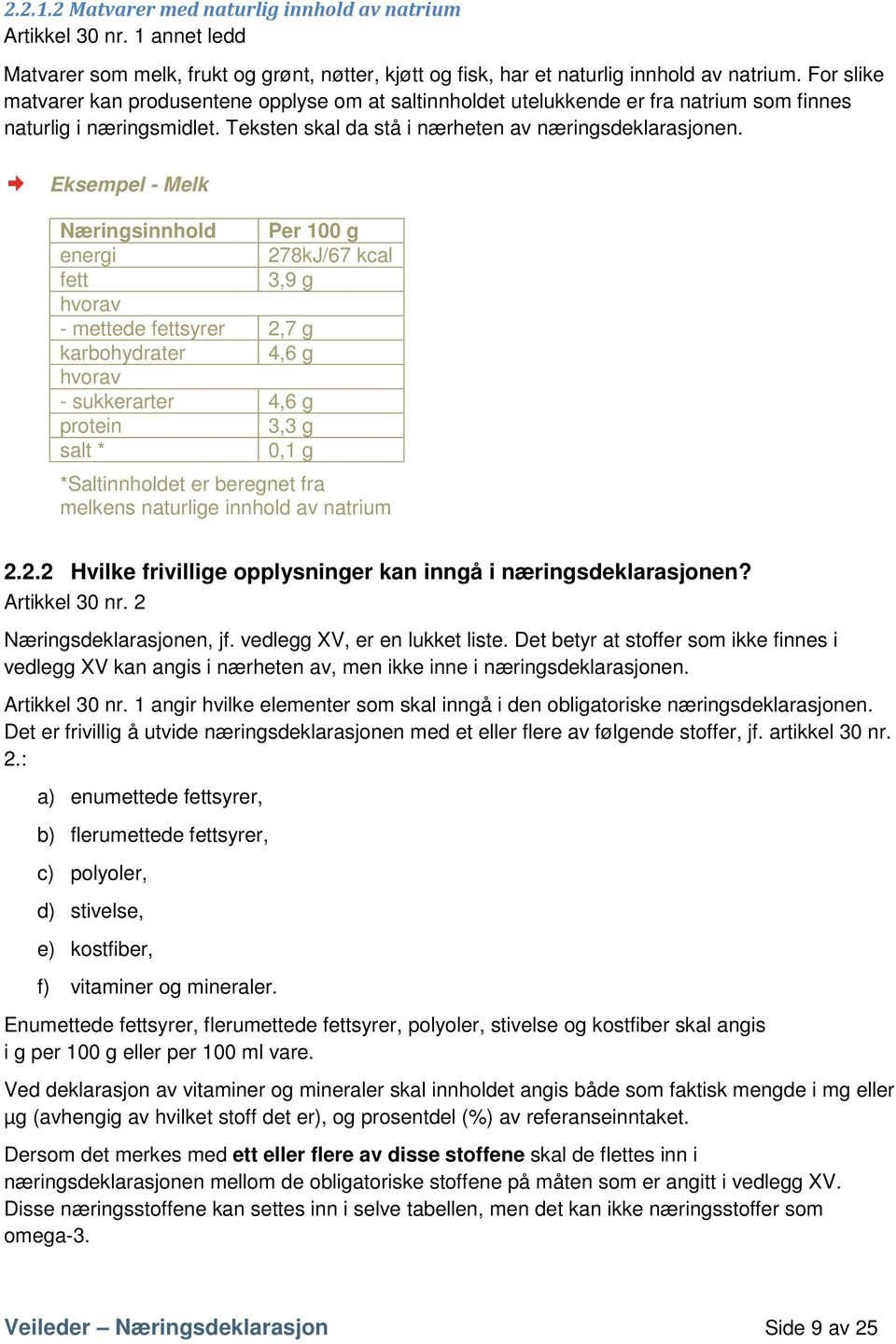 Eksempel - Melk Næringsinnhold Per 100 g energi 278kJ/67 kcal fett 3,9 g - mettede fettsyrer 2,7 g karbohydrater 4,6 g - sukkerarter 4,6 g protein 3,3 g salt * 0,1 g *Saltinnholdet er beregnet fra