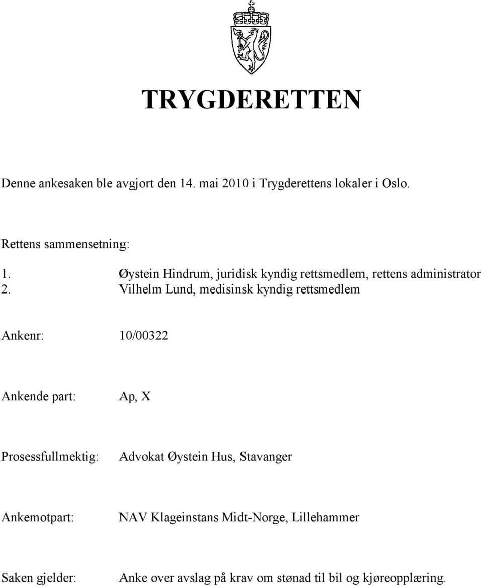 Vilhelm Lund, medisinsk kyndig rettsmedlem Ankenr: 10/00322 Ankende part:, X Prosessfullmektig: Advokat