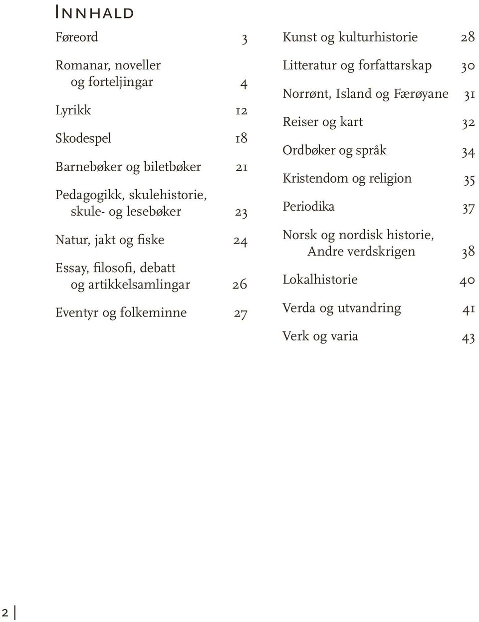 kulturhistorie 28 Litteratur og forfattarskap 30 Norrønt, Island og Færøyane 31 Reiser og kart 32 Ordbøker og språk 34 Kristendom