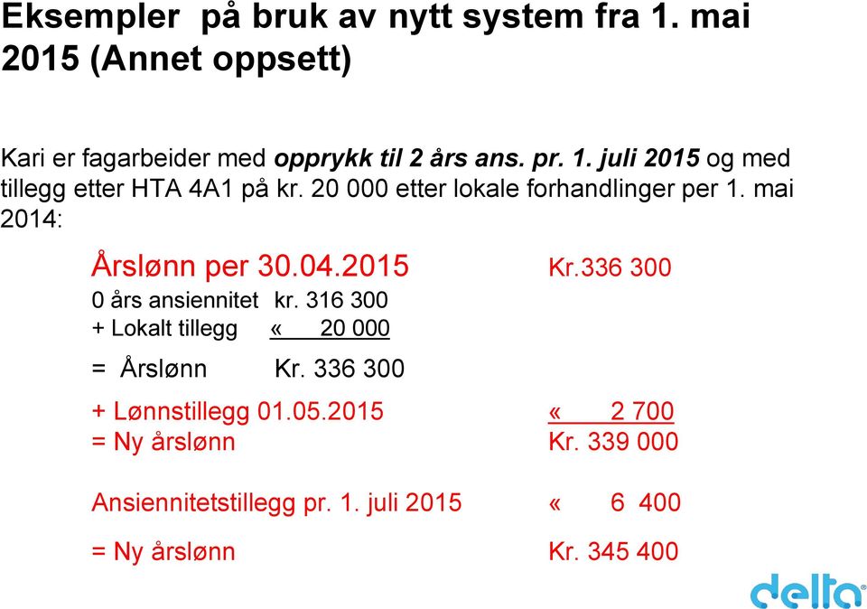 mai 2014: Årslønn per 30.04.2015 Kr.336 300 0 års ansiennitet kr. 316 300 + Lokalt tillegg «20 000 = Årslønn Kr.