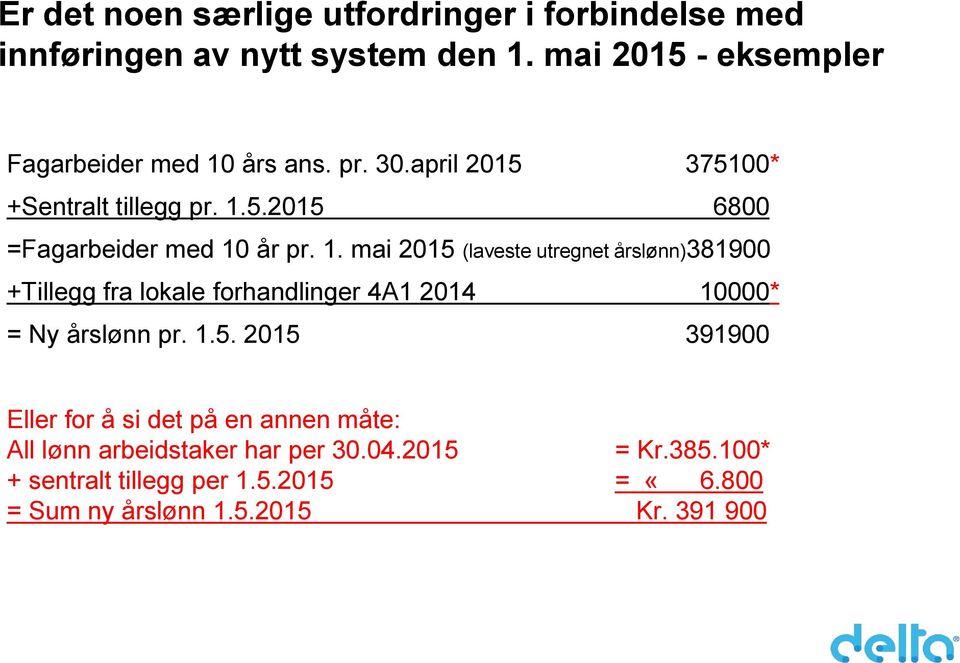 1. mai 2015 (laveste utregnet årslønn)381900 +Tillegg fra lokale forhandlinger 4A1 2014 10000* = Ny årslønn pr. 1.5. 2015 391900 Eller for å si det på en annen måte: All lønn arbeidstaker har per 30.