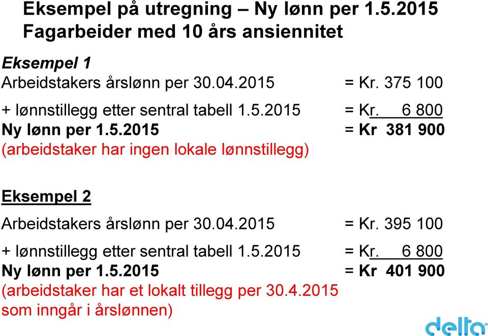 04.2015 = Kr. 395 100 + lønnstillegg etter sentral tabell 1.5.2015 = Kr. 6 800 Ny lønn per 1.5.2015 = Kr 401 900 (arbeidstaker har et lokalt tillegg per 30.