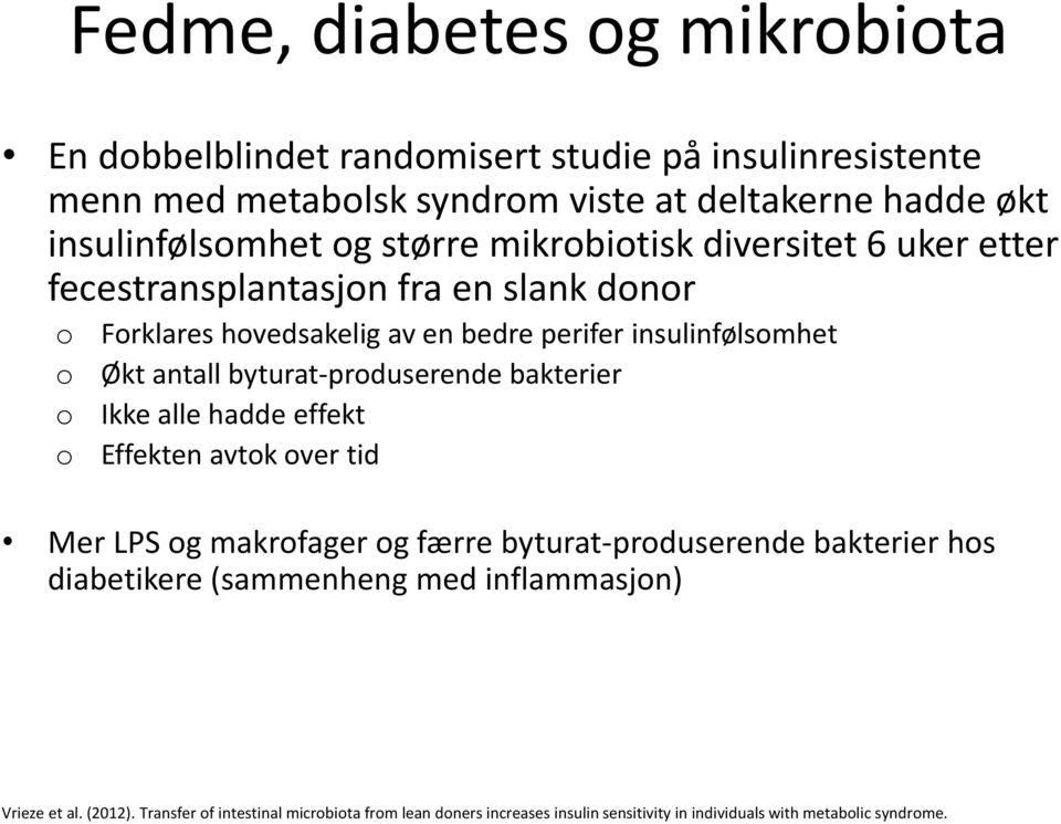 byturat-produserende bakterier Ikke alle hadde effekt Effekten avtok over tid Mer LPS og makrofager og færre byturat-produserende bakterier hos diabetikere