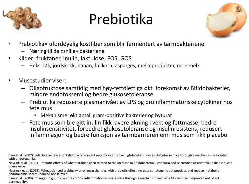 glukosetoleranse Prebiotika reduserte plasmanivået av LPS og proinflammatoriske cytokiner hos fete mus Mekanisme: økt antall gram-positive bakterier og byturat Fete mus som ble gitt inulin fikk