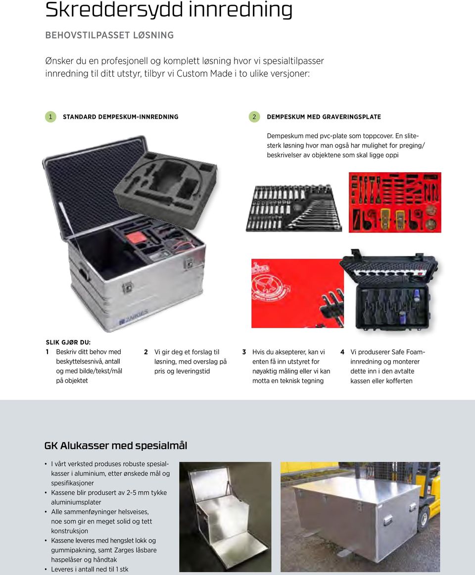 En slitesterk løsning hvor man også har mulighet for preging/ beskrivelser av objektene som skal ligge oppi SLIK GJØR DU: 1 Beskriv ditt behov med beskyttelsesnivå, antall og med bilde/tekst/mål på