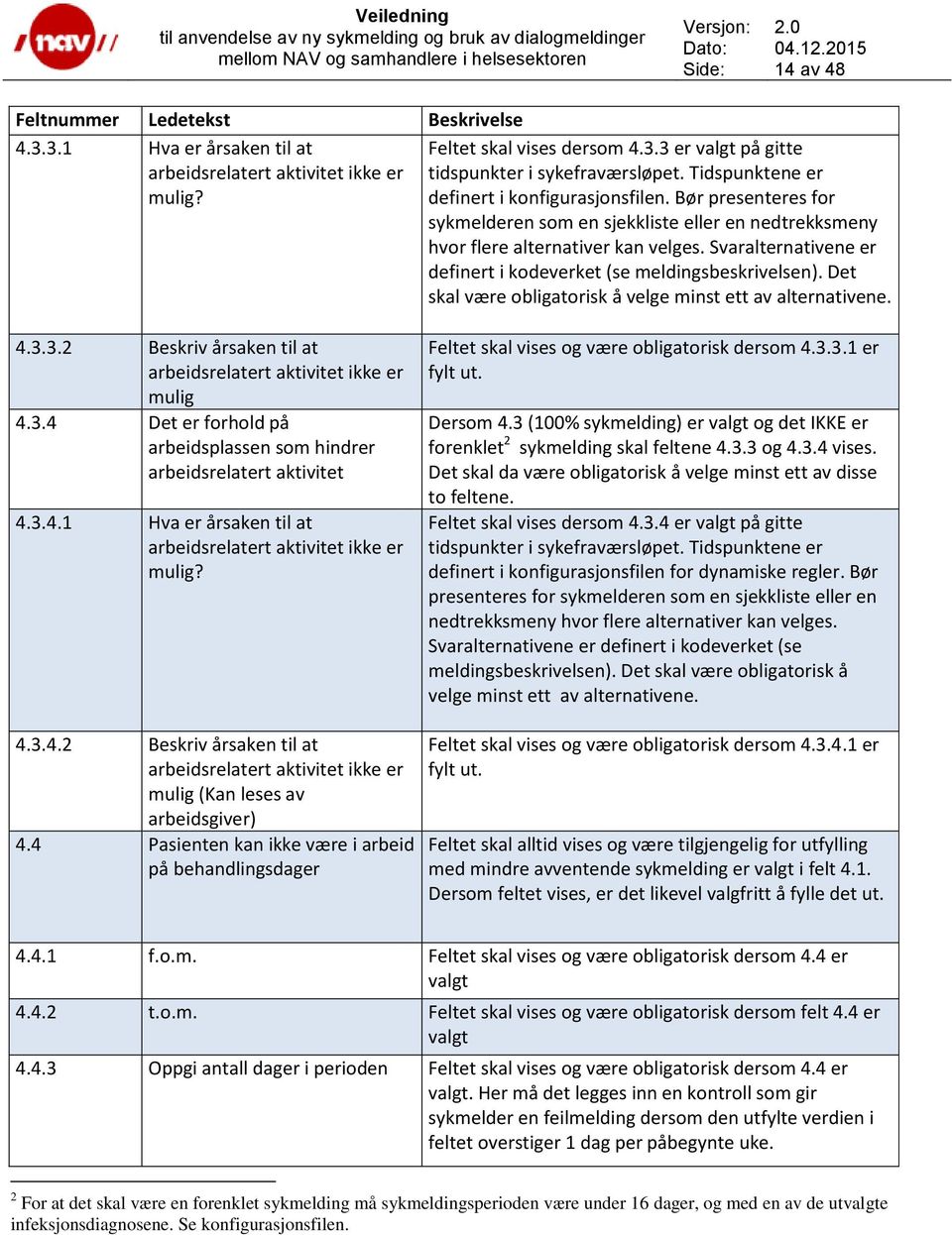 Svaralternativene er definert i kodeverket (se meldingsbeskrivelsen). Det skal være obligatorisk å velge minst ett av alternativene. 4.3.